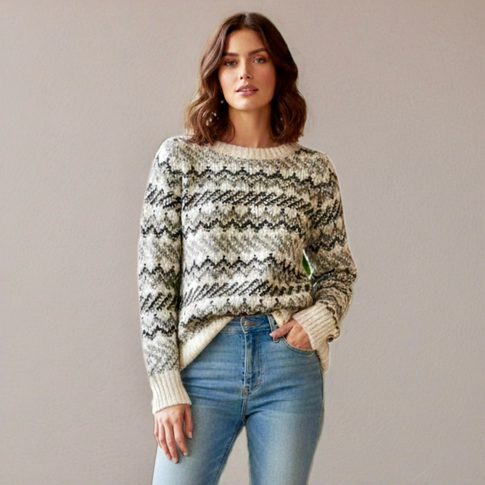 LOFT Fair Isle Geometric Knit Sweater Womens Small Cream Gray Alpaca Wool Blend